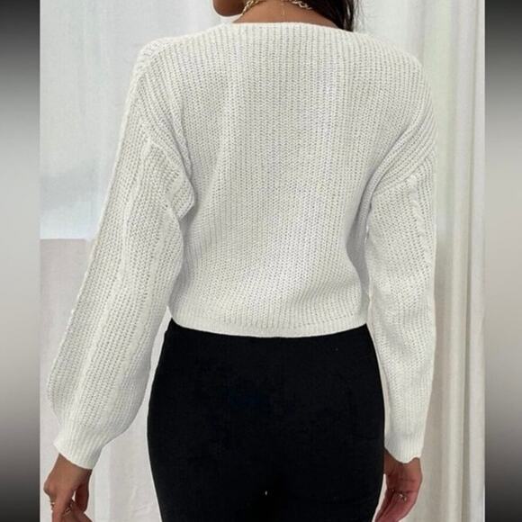 SHEIN White Knit Drawstring Crop Sweater V Neck Long Sleeve Pullover EUC Sz S - Picture 7 of 8